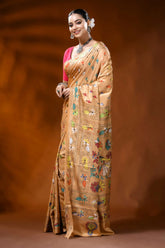 Beige silk kantha work saree with multicolor folk art design 3