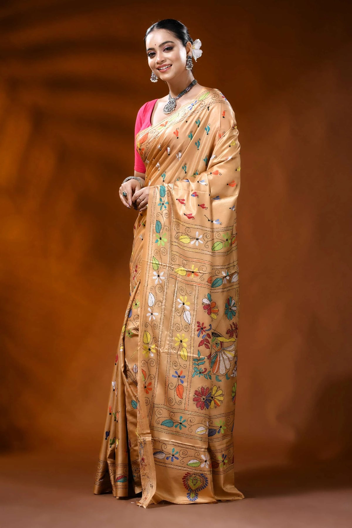 Beige silk kantha work saree with multicolor folk art design 3