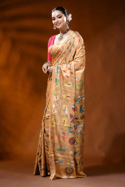 Beige silk kantha work saree with multicolor folk art design 3