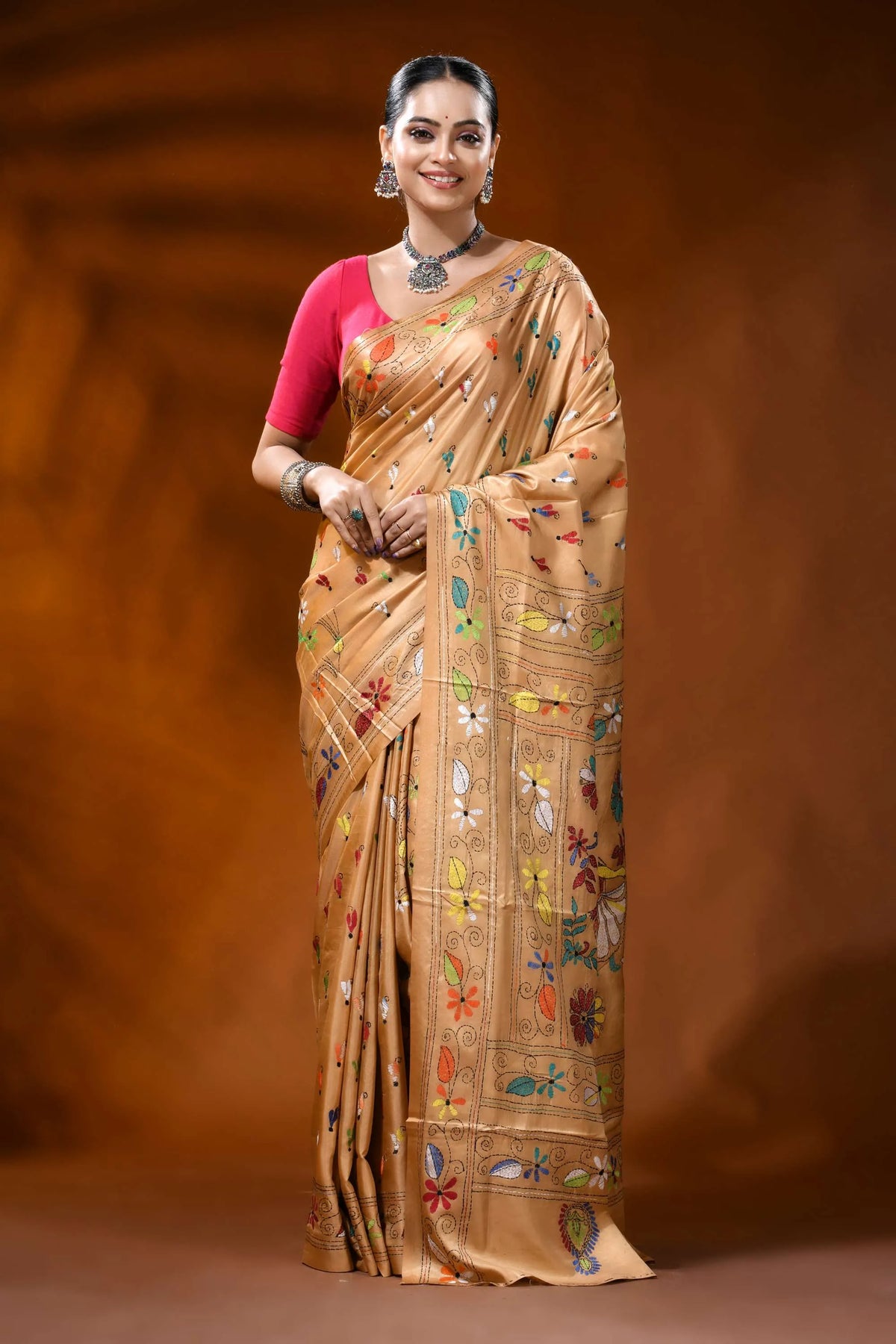 Beige silk kantha work saree with multicolor folk art design 1