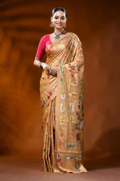 Beige silk kantha work saree with multicolor folk art design 1