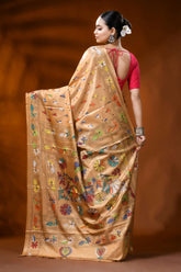 Beige silk kantha work saree with multicolor folk art design 5