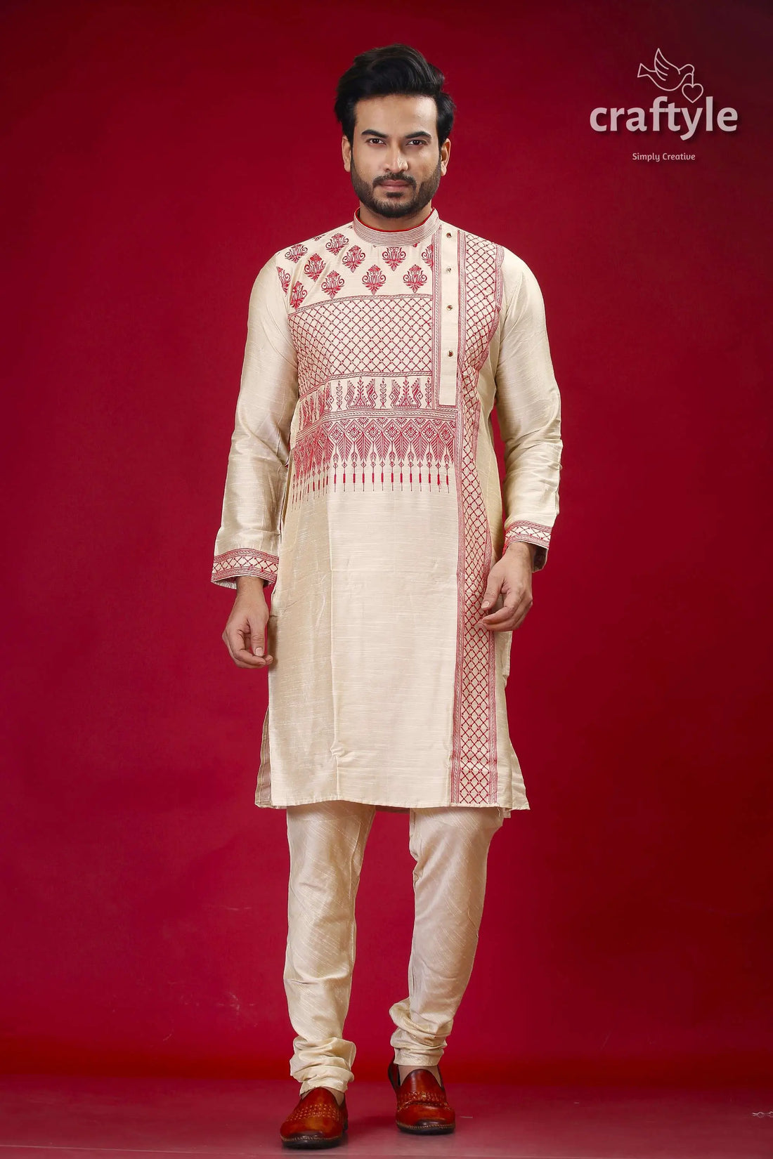 Beige silk kurta with red embroidery design for men man embroidered kurta pajama 1