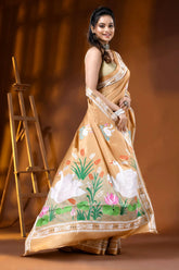 Beige swan motif handcrafted kantha embroidery silk saree 4