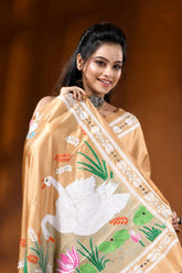 Beige swan motif handcrafted kantha embroidery silk saree 2