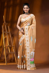 Beige swan motif handcrafted kantha embroidery silk saree 6