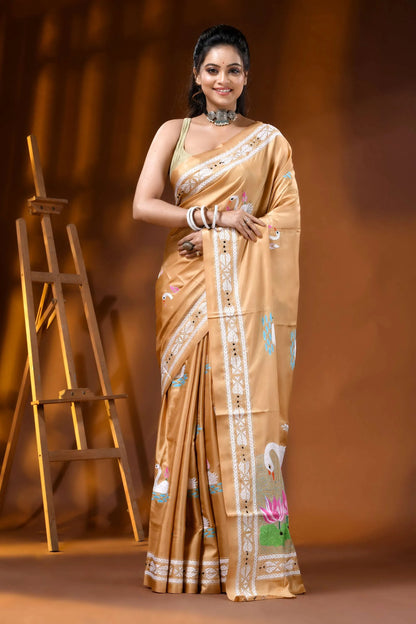 Beige swan motif handcrafted kantha embroidery silk saree 1