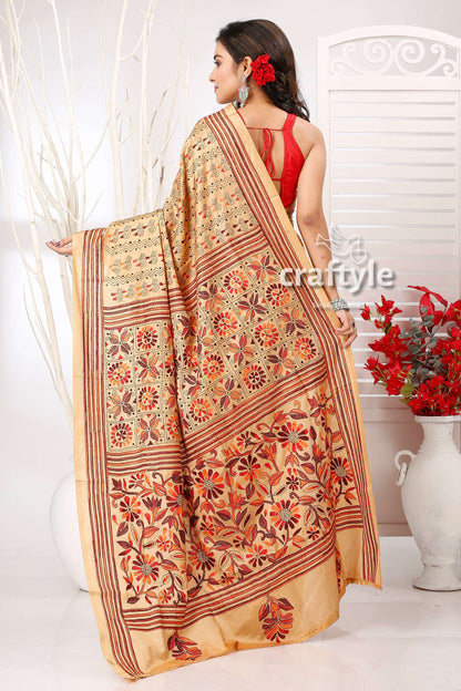 Beige Tan Multicolor Flower Embellishment Silk Kantha Saree - Craftyle