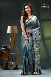 Beige thread all-over work kantha silk saree in teal blue grey black saree intricate white 7