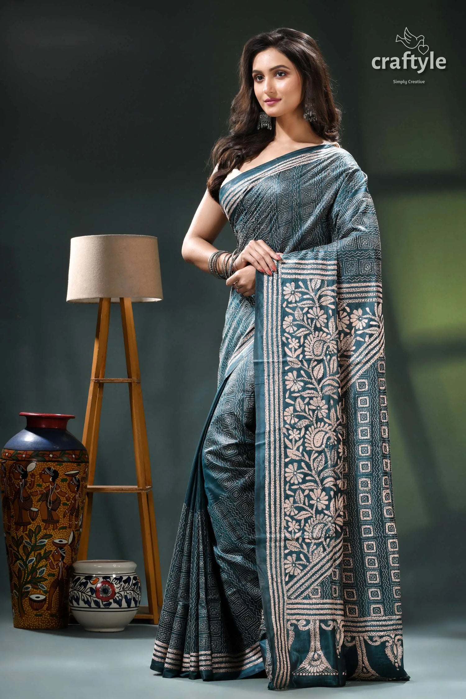 Beige thread all-over work kantha silk saree in teal blue teal white saree intricate floral 3