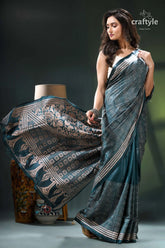 Beige thread all-over work kantha silk saree in teal blue teal silver saree intricate floral 4
