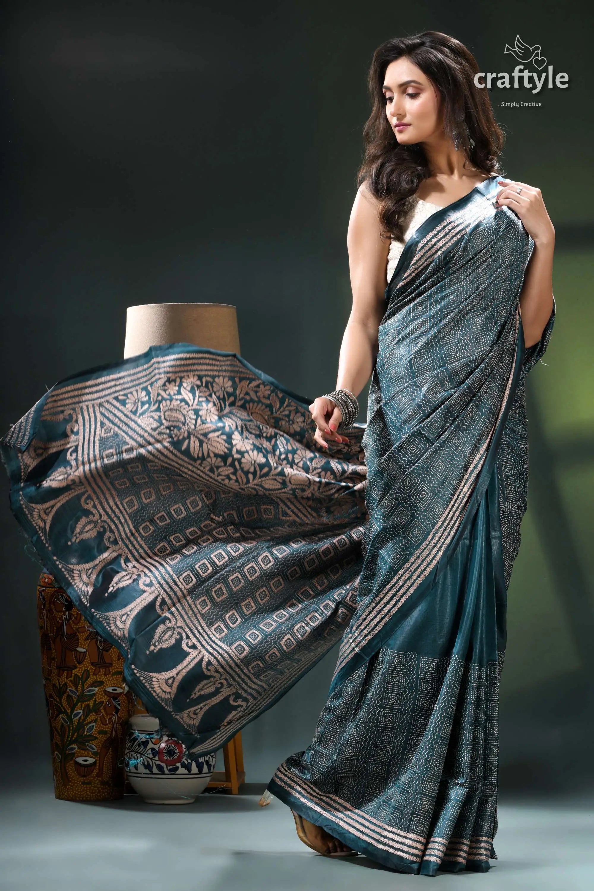 Beige thread all-over work kantha silk saree in teal blue teal silver saree intricate floral 4