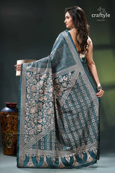 Beige thread all-over work kantha silk saree in teal blue teal white floral saree geometric 6