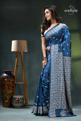 Beige thread handwork venice blue intricate gujrati stitch silk saree blue white patterned saree intricate 3