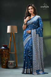 Beige thread handwork venice blue intricate gujrati stitch silk saree blue saree white floral pattern 6