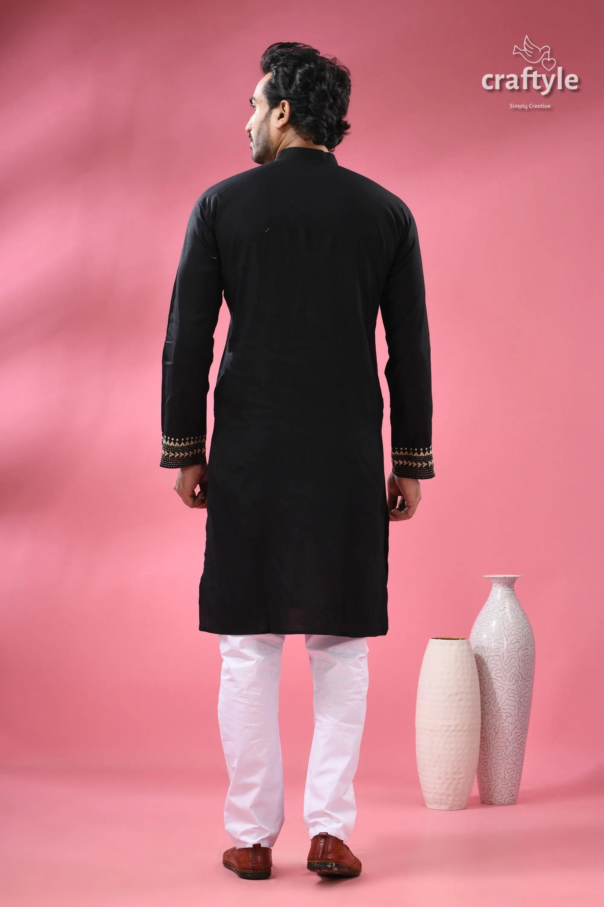Beige thread work black kantha stitch cotton kurta for men men’s white pants 6