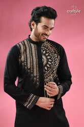 Beige thread work black kantha stitch cotton kurta for men men’s embroidered mandarin 2