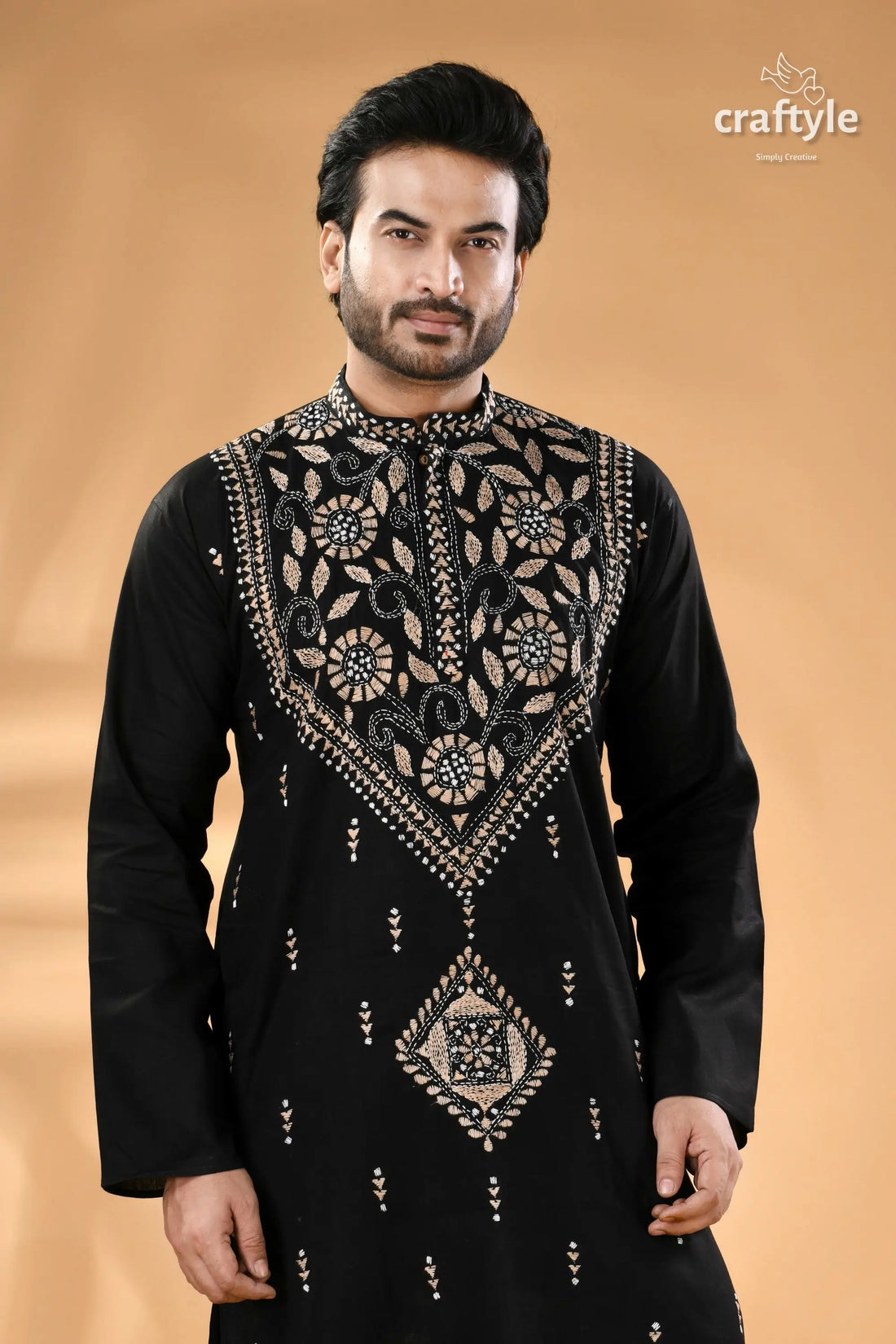 Beige thread work ebony black kantha cotton panjabi for men men’s black embroidered kurta 2