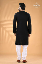 Beige thread work pearl black designer kantha cotton men’s kurta men’s black embroidered kurta white 6