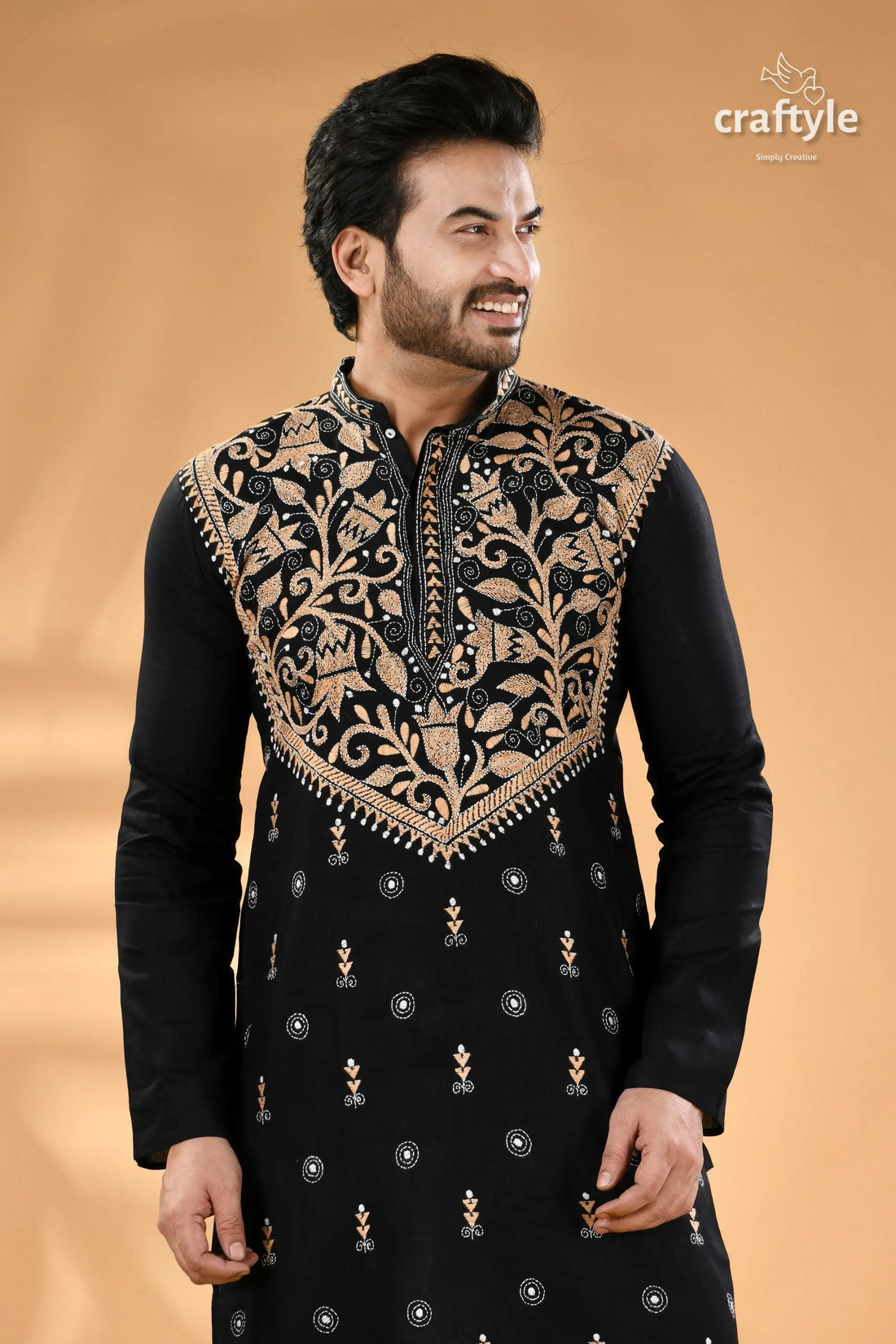 Beige thread work pearl black designer kantha cotton men’s kurta men’s black embroidered kurta 2