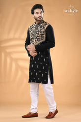 Beige thread work pearl black designer kantha cotton men’s kurta men’s black embroidered kurta white 4