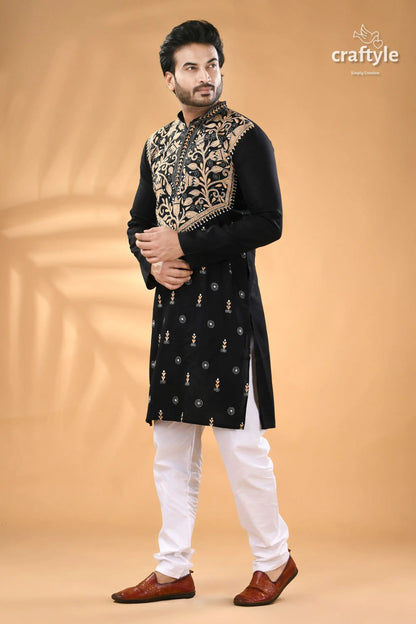 Beige thread work pearl black designer kantha cotton men’s kurta men’s black embroidered kurta white 4