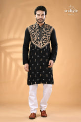 Beige thread work pearl black designer kantha cotton men’s kurta black kurta intricate golden embroidery 1