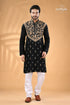 Beige thread work pearl black designer kantha cotton men’s kurta black kurta intricate golden embroidery 1