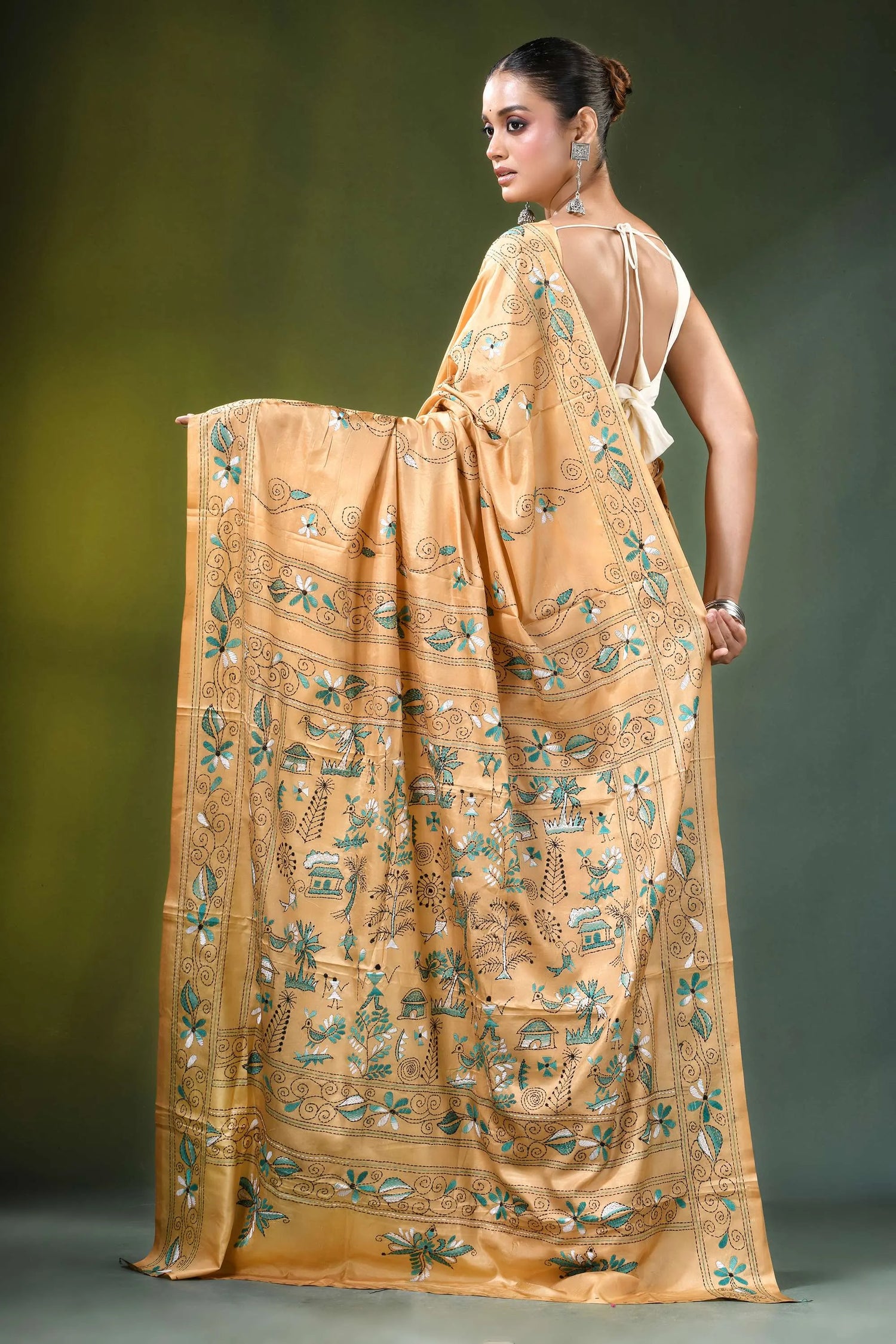 Beige village theme handcrafted silk kantha saree golden-yellow adorned intricate 5