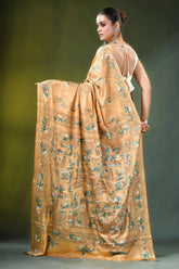 Beige village theme handcrafted silk kantha saree golden-yellow adorned intricate 5