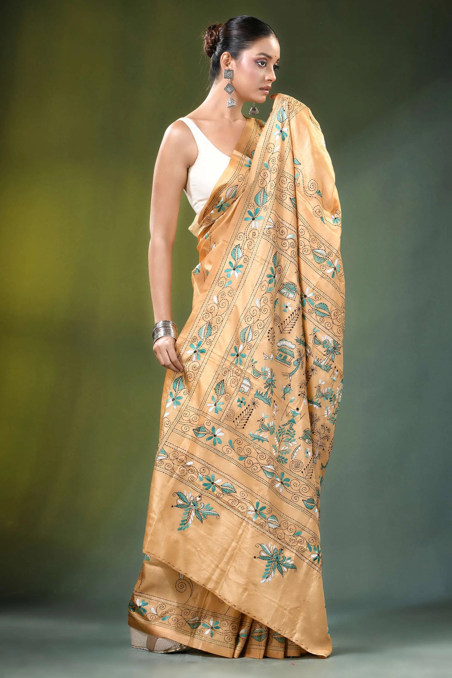 Beige village theme handcrafted silk kantha saree golden-brown intricate green 4