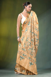 Beige village theme handcrafted silk kantha saree golden-brown intricate green 4