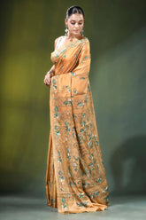 Beige village theme handcrafted silk kantha saree woman wears tan 3