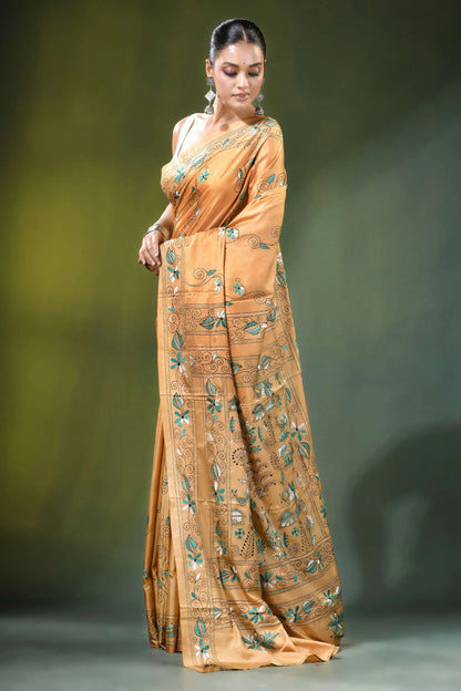 Beige village theme handcrafted silk kantha saree woman wears tan 3