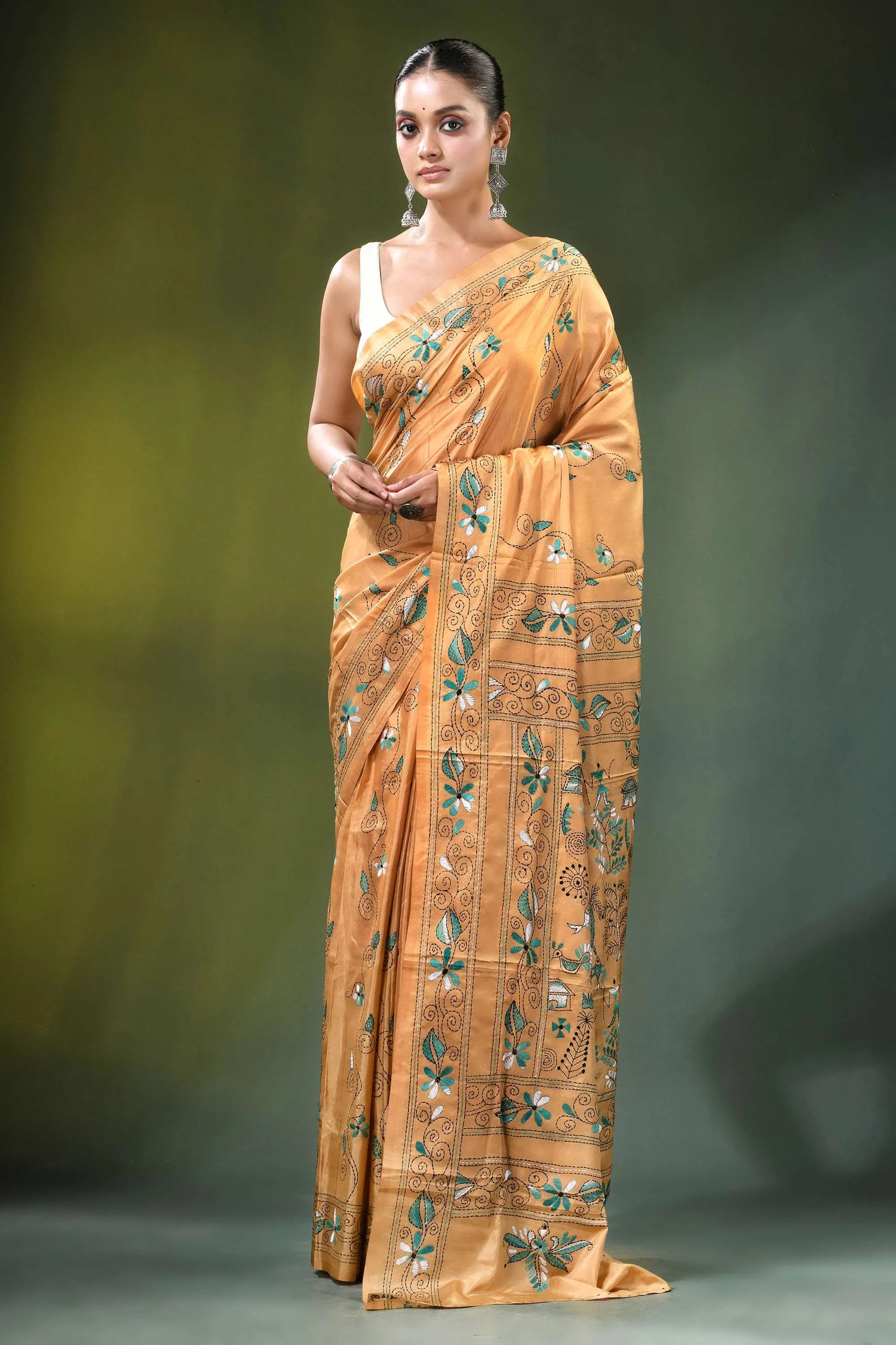 Beige village theme handcrafted silk kantha saree golden-orange intricate green silver 1