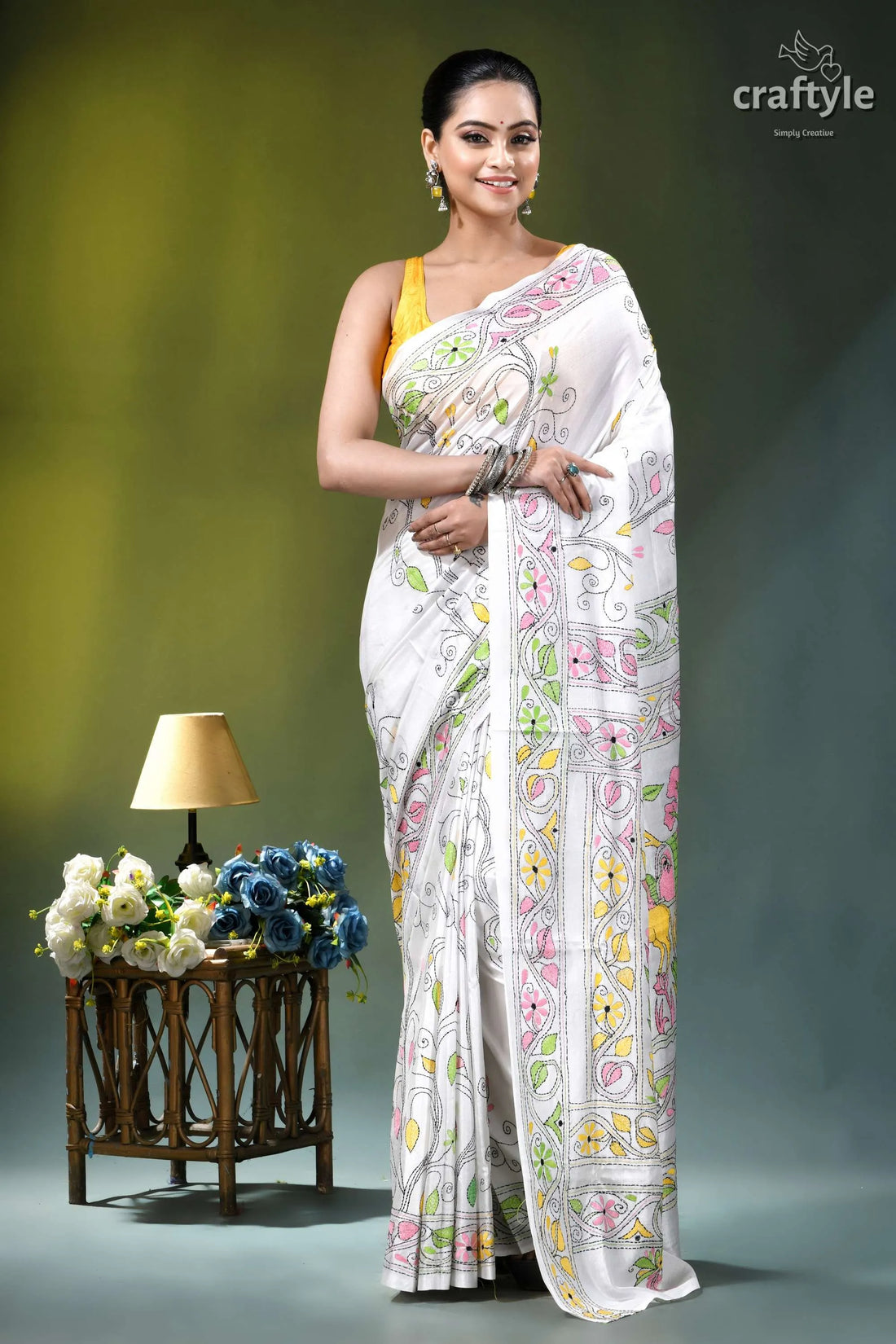 Bengal heritage bullock cart design silk kantha saree in white white saree colorful floral embroidery 1