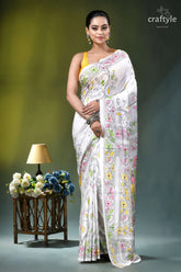 Bengal heritage bullock cart design silk kantha saree in white white saree delicate pink yellow 6