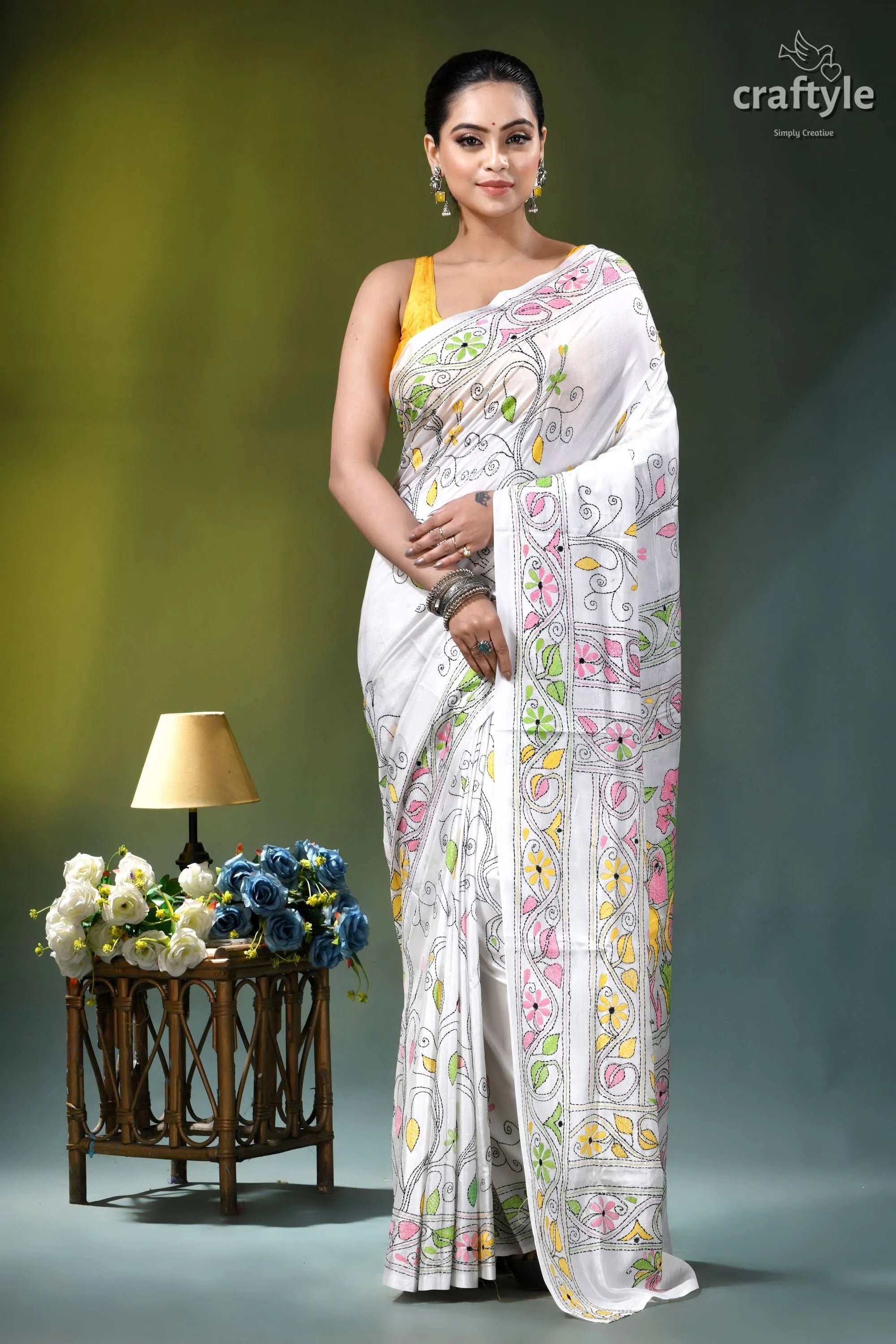 Bengal heritage bullock cart design silk kantha saree in white white saree delicate pink yellow 6