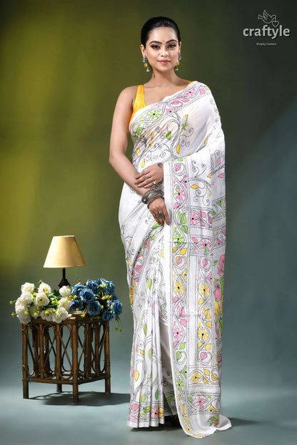 Bengal heritage bullock cart design silk kantha saree in white white saree delicate pink yellow 6