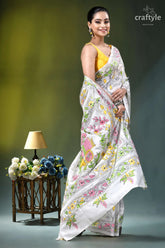 Bengal heritage bullock cart design silk kantha saree in white woman wears white saree adorned 4