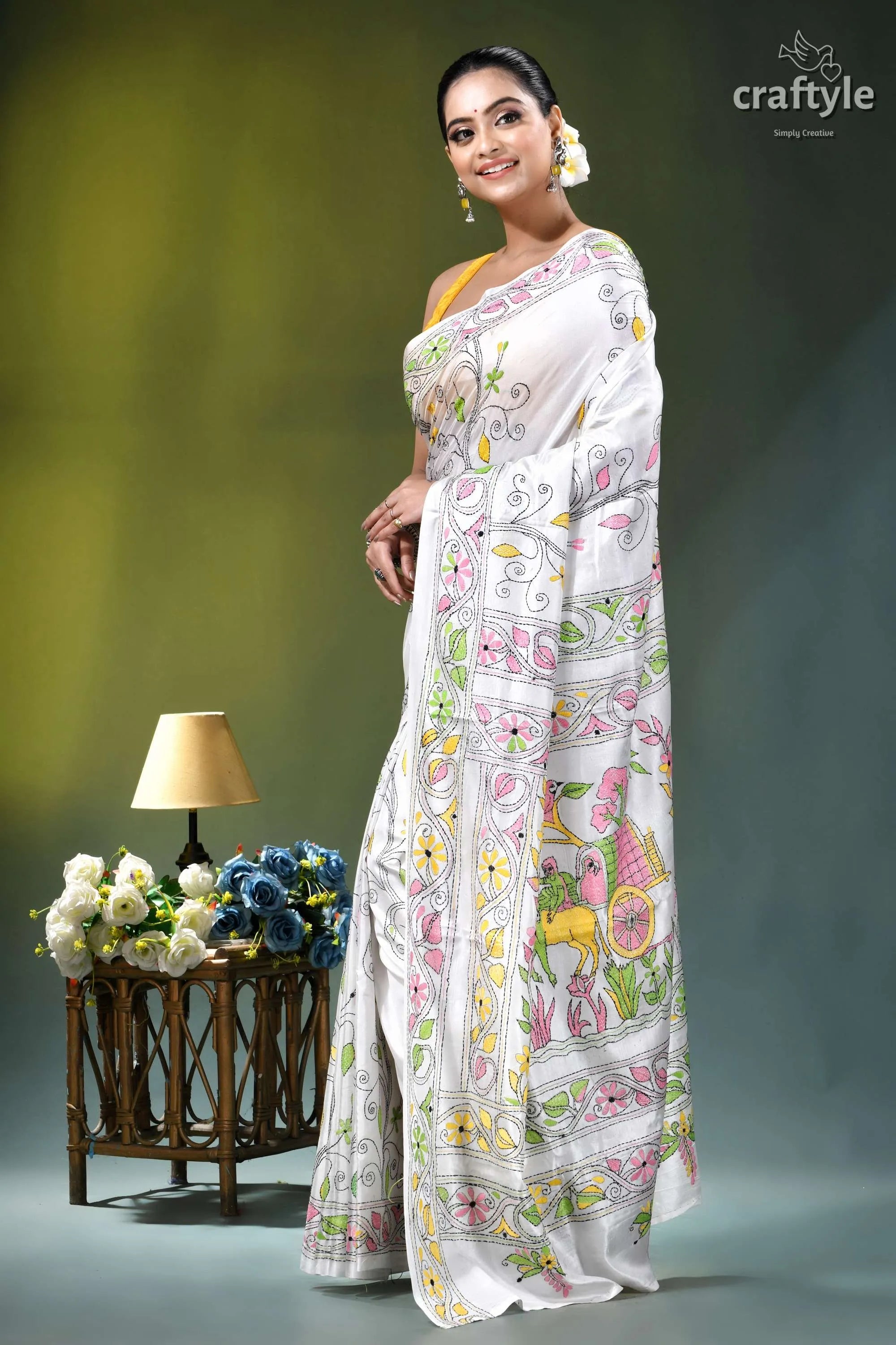 Bengal heritage bullock cart design silk kantha saree in white white saree delicate hand-painted floral 3