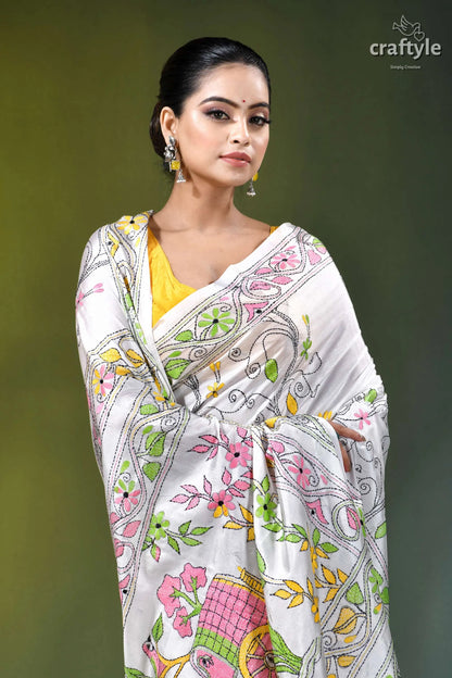 Bengal heritage bullock cart design silk kantha saree in white white hand-embroidered saree vibrant pink 2