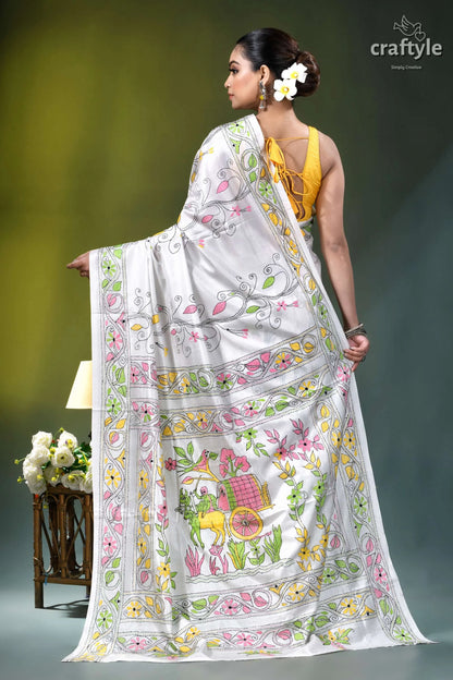 Bengal heritage bullock cart design silk kantha saree in white white silk saree intricate hand-painted 5