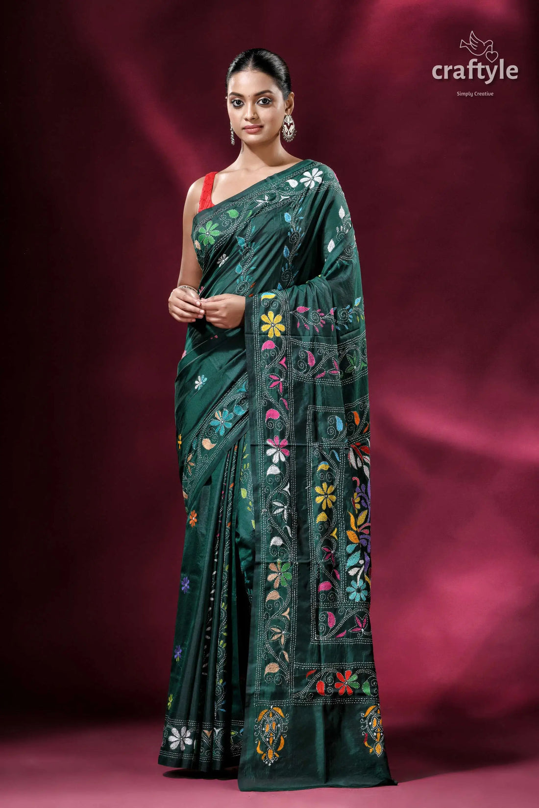 Bengal heritage deep green silk kantha saree green saree colorful floral embroidery 1