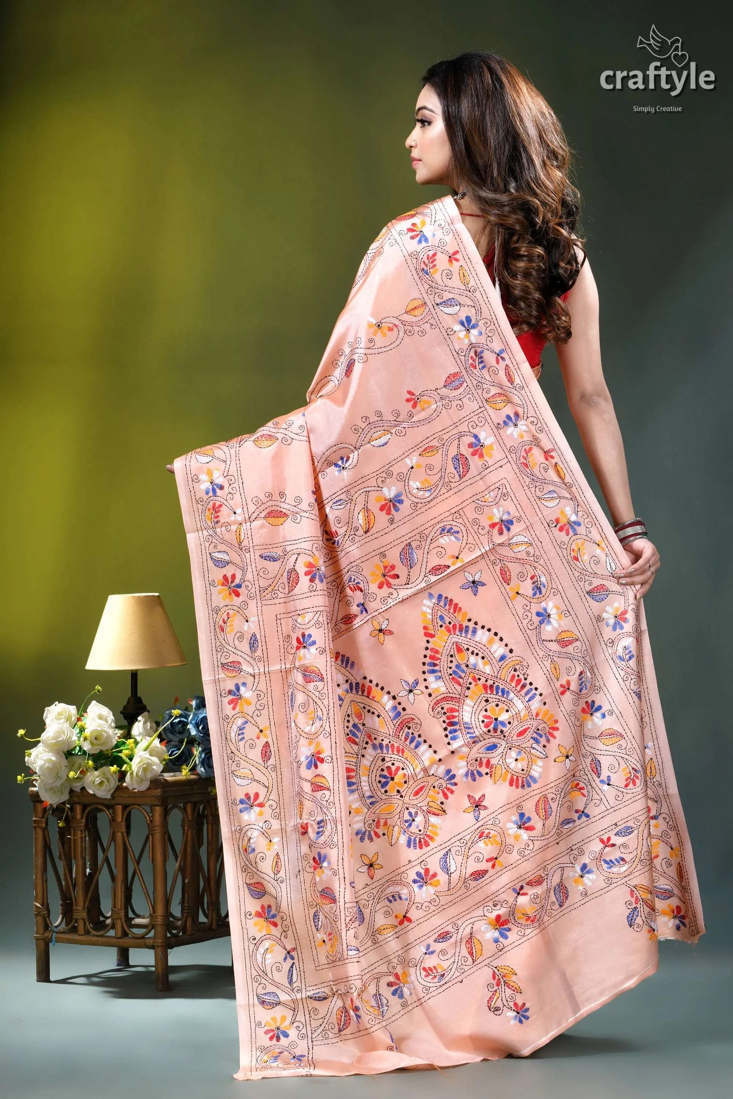 Bengal heritage pale rose floral design silk kantha saree peach-colored silk saree adorned intricate 5