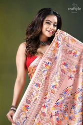Bengal heritage pale rose floral design silk kantha saree peach-colored silk saree intricate floral 2