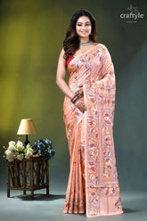 Bengal heritage pale rose floral design silk kantha saree peach-colored silk saree intricate floral 1