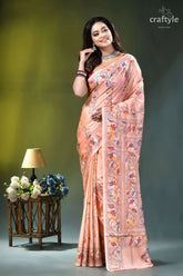 Bengal heritage pale rose floral design silk kantha saree peach-colored silk saree intricate floral 6