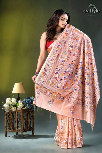 Bengal heritage pale rose floral design silk kantha saree peach-colored silk saree intricate multicolored 4