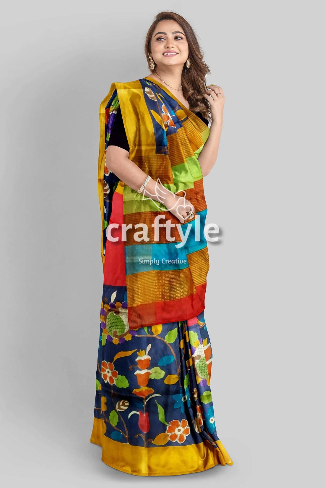 Berry blue elegant hand painted zari border pure tussar kalamkari saree woman colorful floral saree 2